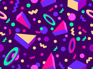 Geometric seamless pattern with 3D shapes in the style of the 80s and 90s. Isometric 3D shapes in Memphis style. Design of promotional products, wrapping paper and printing. Vector illustration