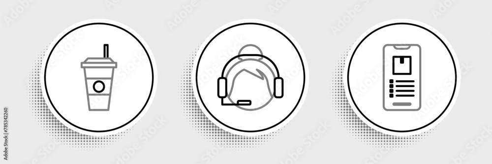 Poster set line mobile phone with app delivery tracking, coffee cup and support operator touch icon. vector