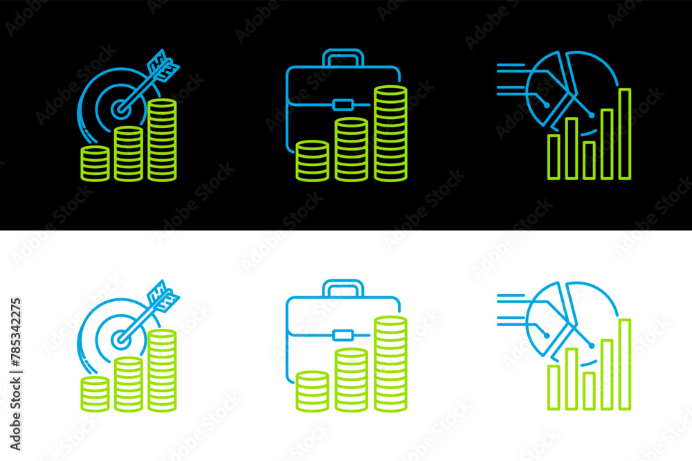Poster set line pie chart infographic, target with coin symbol and briefcase and icon. vector