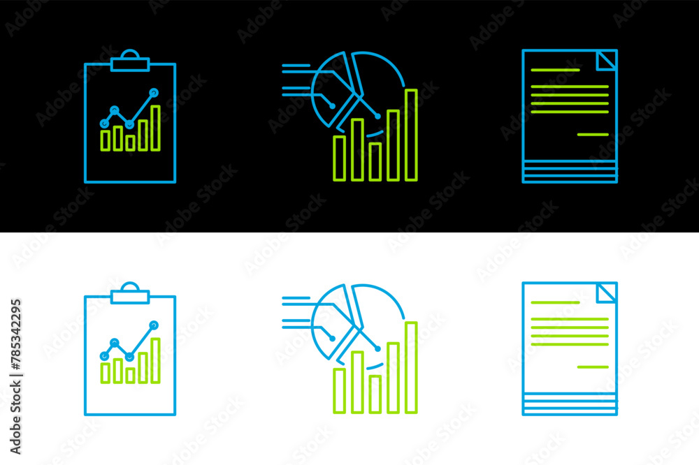 Poster set line document, clipboard with graph chart and pie infographic icon. vector