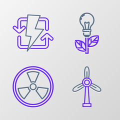 Set line Wind turbine, Radioactive, Light bulb with leaf and Recharging icon. Vector