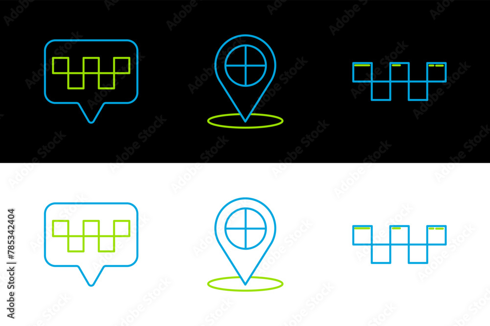 Poster set line taxi car roof, map pointer with taxi and icon. vector