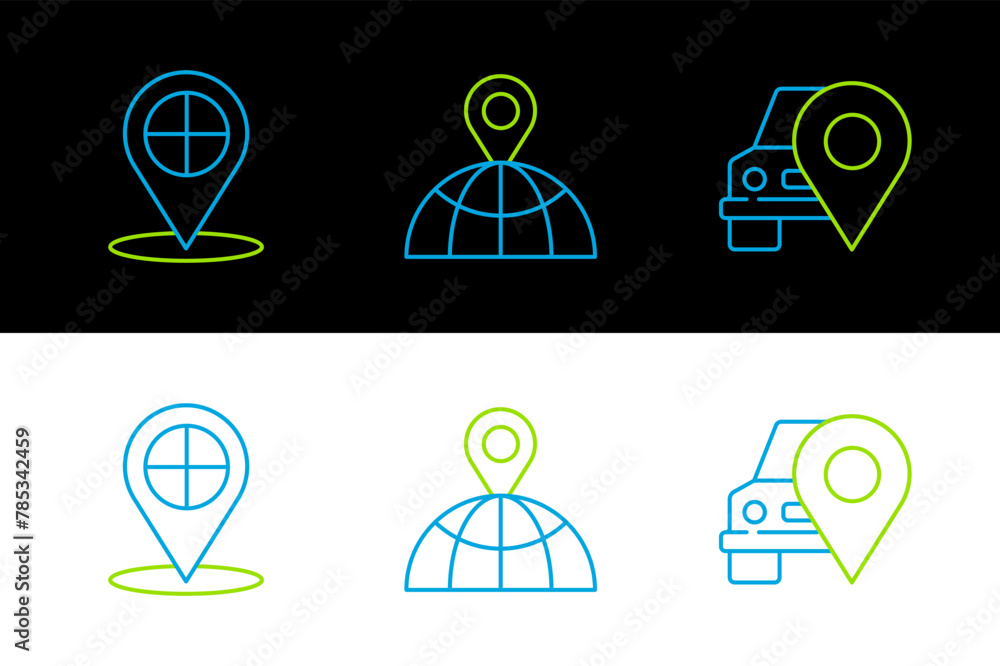 Poster set line map pointer with taxi, and location on the globe icon. vector