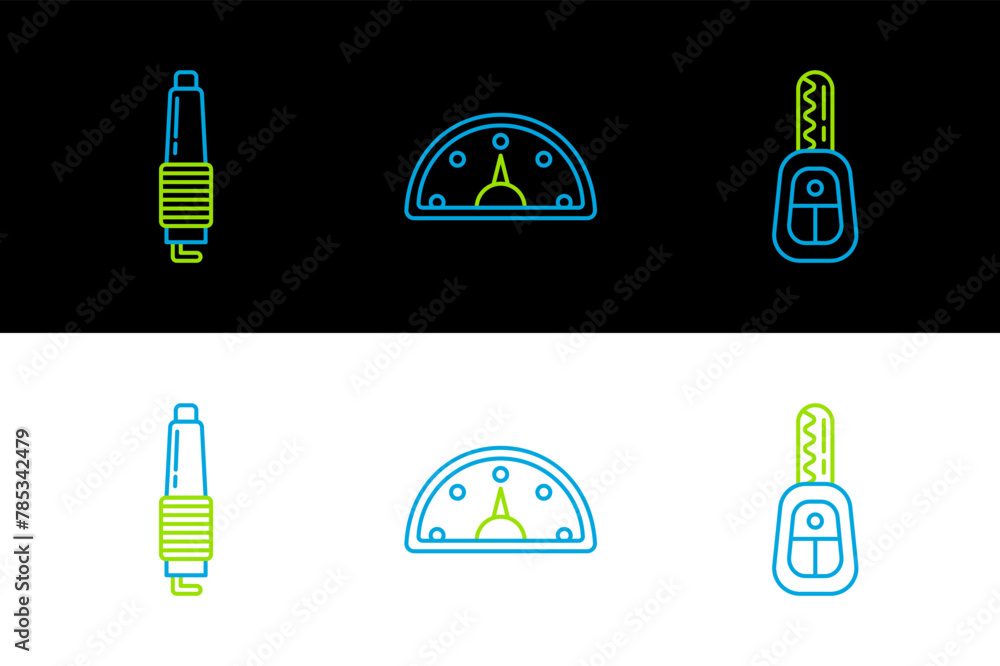 Poster set line car key with remote, spark plug and speedometer icon. vector