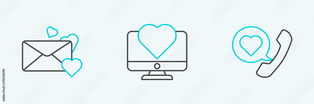 Poster set line telephone with heart speech bubble, envelope and computer monitor icon. vector