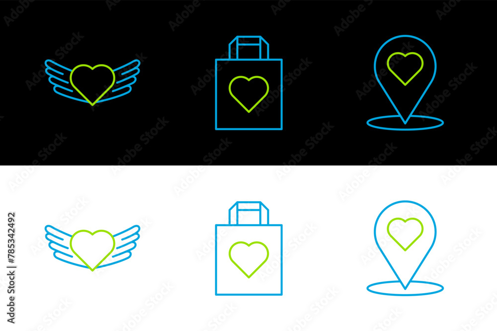 Poster set line map pointer with heart, heart wings and shopping bag icon. vector