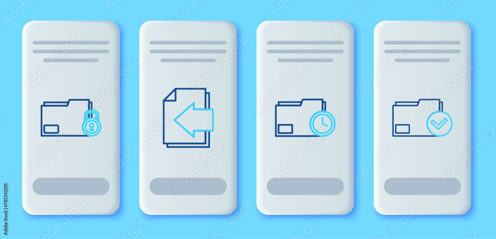 Poster set line next page arrow, document folder with clock, folder and and check mark icon. vector