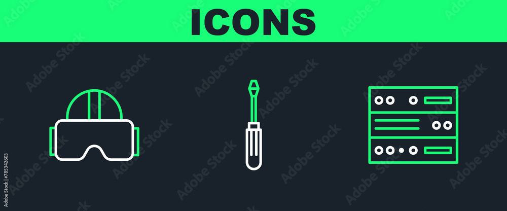 Sticker Set line Server, Data, Web Hosting, Virtual reality glasses and Screwdriver icon. Vector