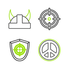 Set line Peace, Target sport, and Viking in horned helmet icon. Vector