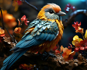 Beautiful colorful parrot sitting on a branch with flowers. 3d rendering