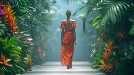 Tropical fashion runway, woman walking in tropical jungle, elegance tree beauty green color fashion model