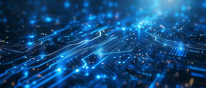 Technological evolution blue circuit board background, internet backdrop computer chip computer network electronics industry