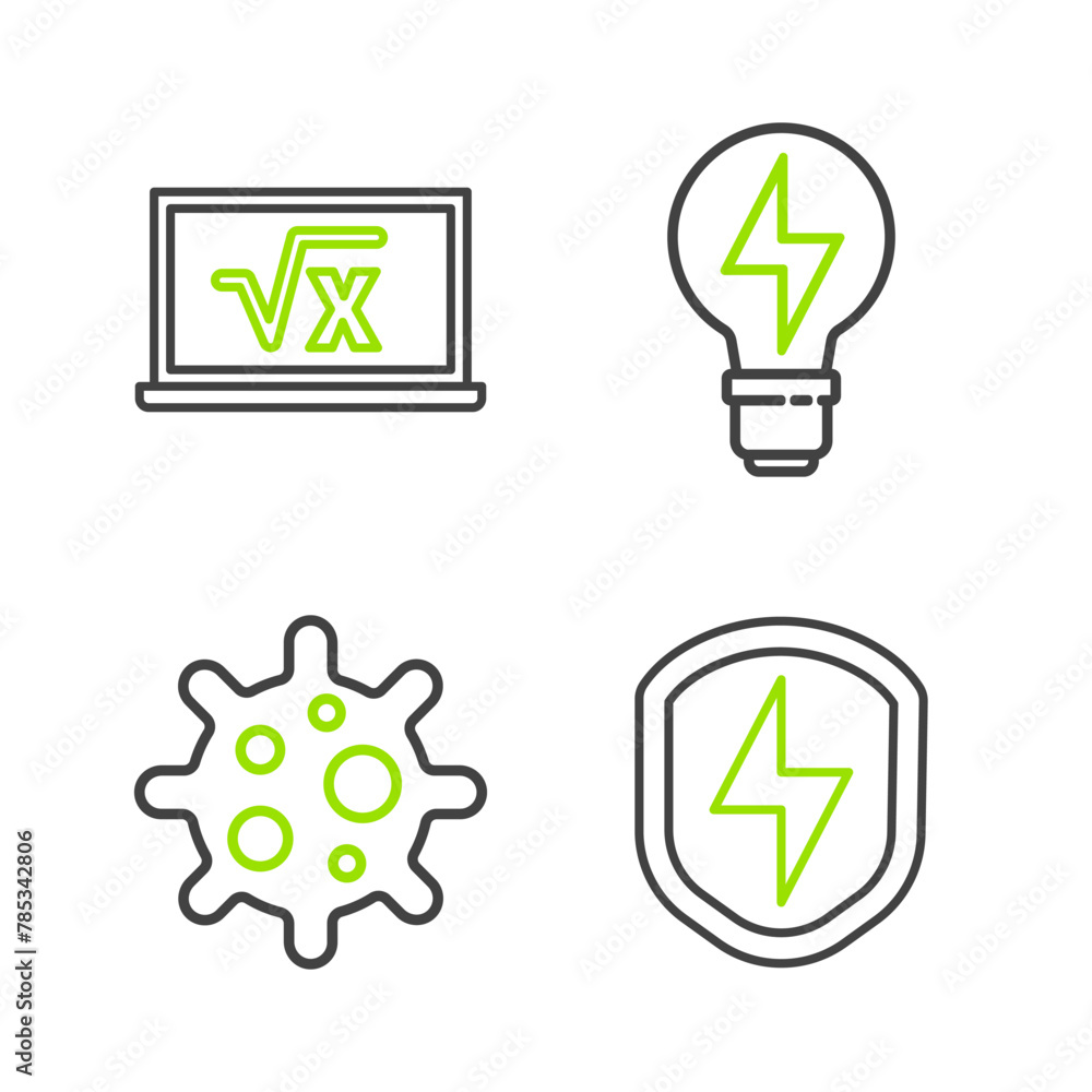 Poster set line secure shield with lightning, virus, light bulb and square root of x glyph icon. vector