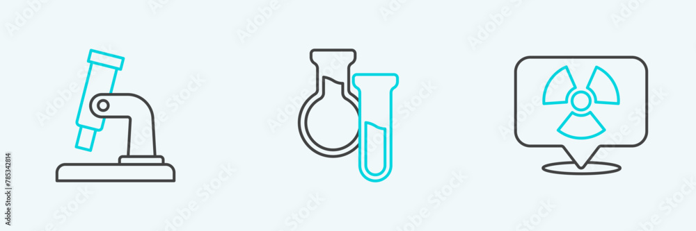 Poster set line radioactive in location, microscope and test tube and flask icon. vector