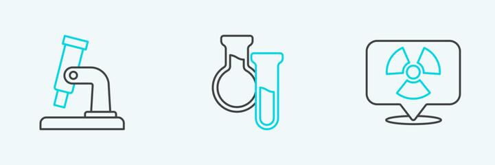 Set line Radioactive in location, Microscope and Test tube and flask icon. Vector