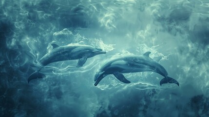 Obraz premium Sempiternal concept, two dolphins in ocean, tropical climate aquatic scuba diving porpoise summer