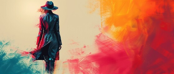 Fashion background, woman in hat and coat standing in front of colorful background, creativity mystery glamour beauty clothing