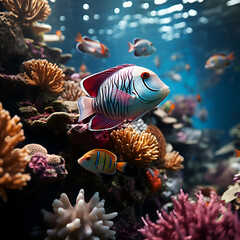 Tropical fish swimming on coral reef. Underwater world.