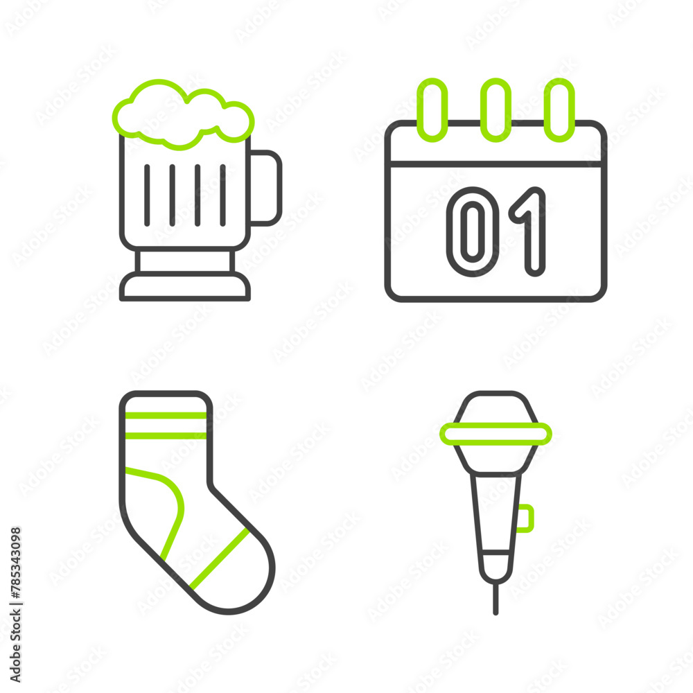 Canvas Prints Set line Microphone, Christmas stocking, Calendar and Wooden beer mug icon. Vector