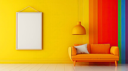 Colorful interior design of a living room with a vertical blank poster frame.