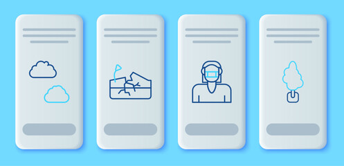 Set line Earthquake, Face in protective mask, Cloud and Tree icon. Vector