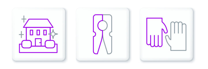 Set line Rubber gloves, Home cleaning service and Clothes pin icon. Vector