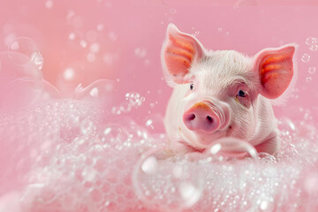 The  pig takes a bath with foam and soap bubbles on a pink background.Banner for a pet nursery, veterinary clinic or advertising banner.