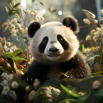 Giant panda sitting on the grass and looking at the camera
