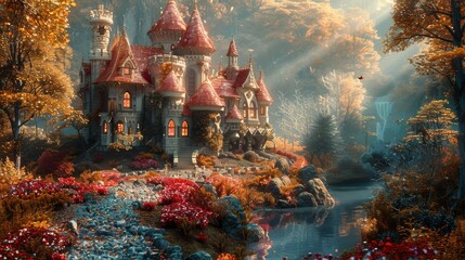 Fairy Tale Scenes: Create whimsical scenes reminiscent of fairy tales, with castles, enchanted forests, and magical creatures.  - obrazy, fototapety, plakaty