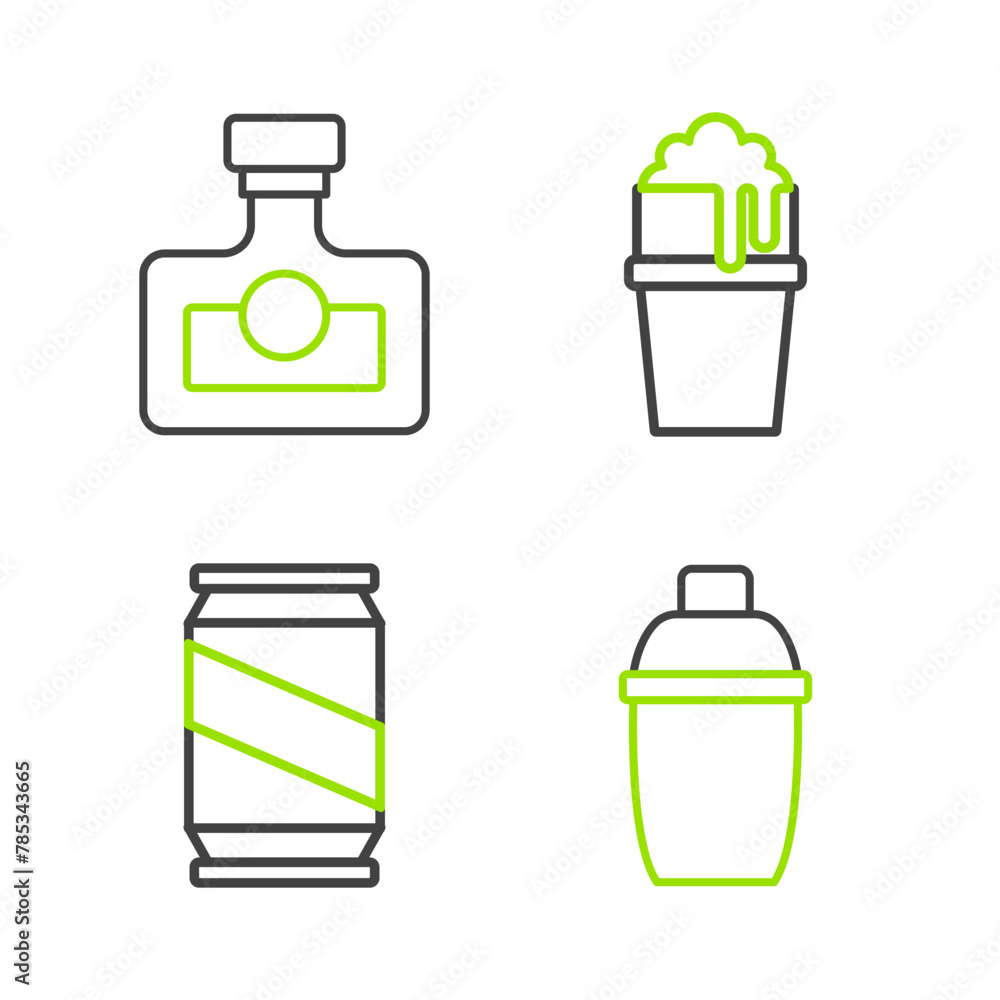 Poster set line cocktail shaker, beer can, glass of beer and alcohol drink rum icon. vector