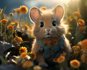 Cute little hamster sitting on dandelion flower meadow - obrazy, fototapety, plakaty