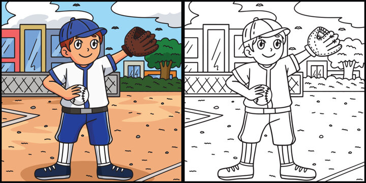 Baseball Boy Pitcher Coloring Page Illustration