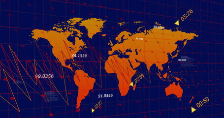 Image of financial data processing over world map on black background