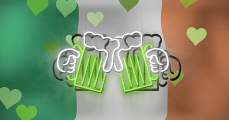 Image of st patrick's day green hearts and neon glasses on beer on irish flag background