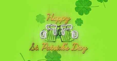 Image of st patrick's day text, shamrock and glasses of beer on green background