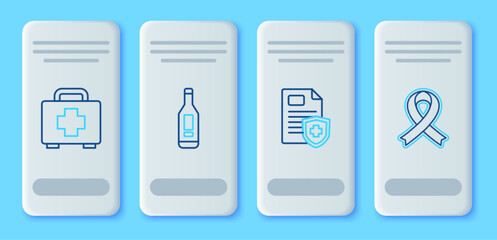 Set line Digital thermometer, Patient record, First aid kit and Awareness ribbon icon. Vector