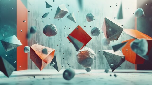 3D geometric shapes tumbling in a zero-gravity environment