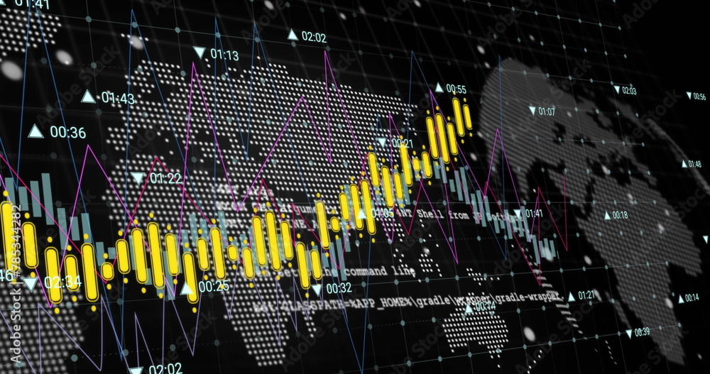 Poster image of financial data processing over world map
