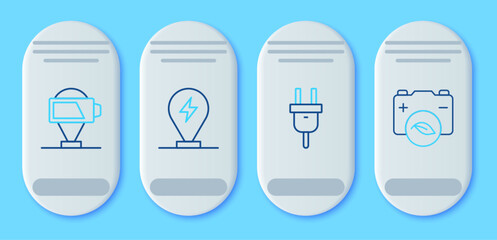 Set line Charging parking electric car, Electric plug, Battery charge and Eco nature leaf battery icon. Vector