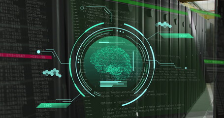 Image of scope with human brain and data processing over computer servers