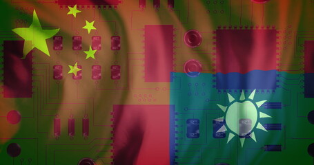 Image of circuit board and data processing over flag of taiwan and china