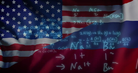 Naklejka premium Image of mathematical data processing over flag of russia and united states of america