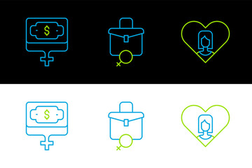 Set line Heart with female, Money growth woman and Work for icon. Vector