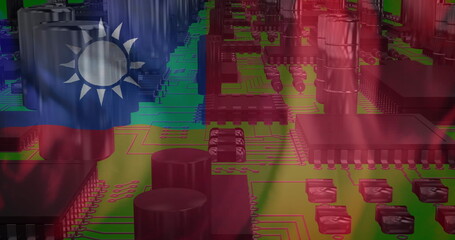 Image of circuit board and data processing over flag of taiwan