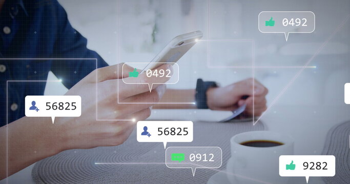 Image of social media data processing over asian businessman using smartphone - Powered by Adobe