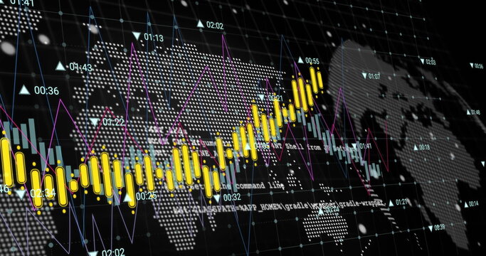 Image of financial data processing over world map