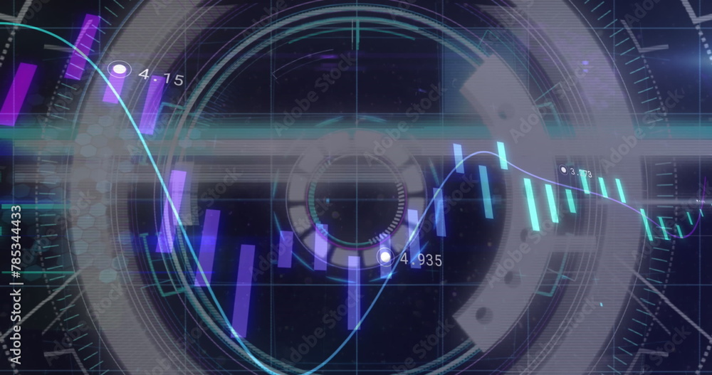 Poster image of financial data processing over scope and black background