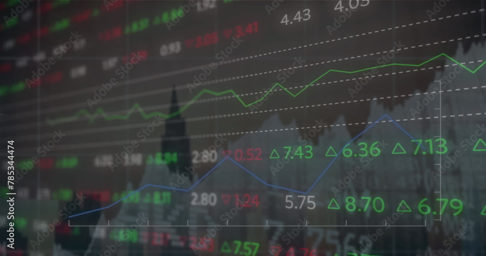 Poster the image is of a trading board with lines and a graph against buildings in the background the tradi