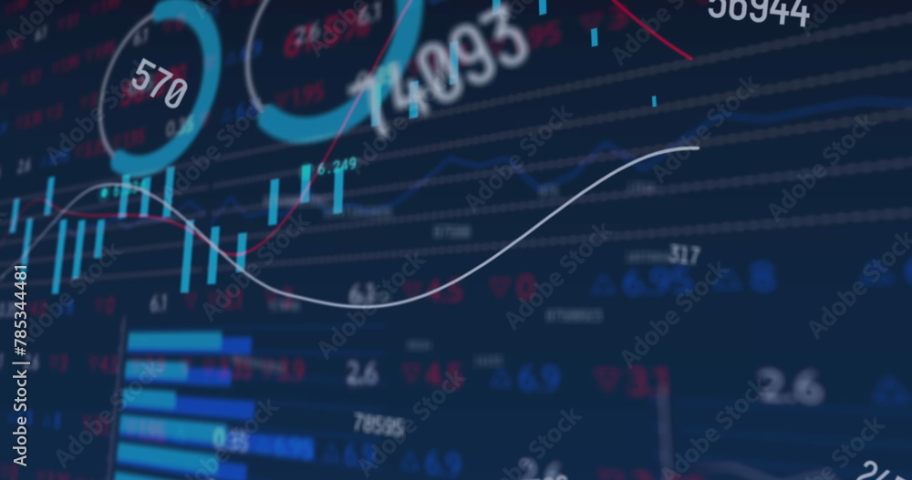 Poster image of changing numbers over statistical and stock market data processing on blue background