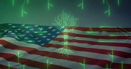 Image of circuit board data processing over flag of united states of america